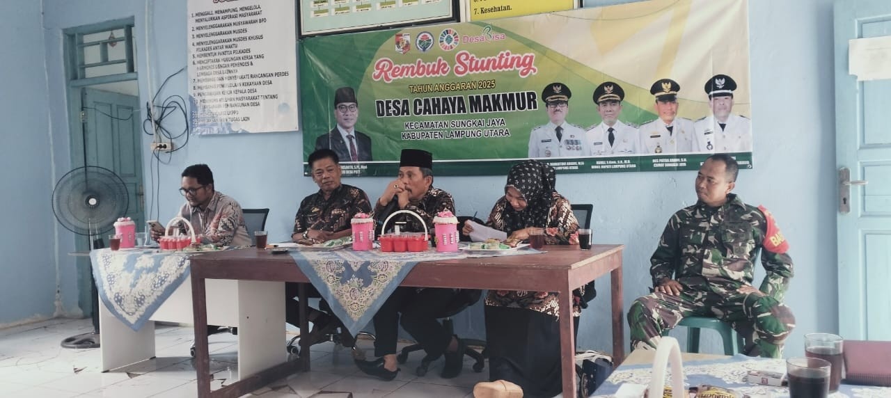 Pemerintah Desa Cahaya Makmur, Kecamatan Sungkai Jaya, Lampung Utara, menggelar Rembuk Stunting Tahun Anggaran 2025 di Aula Kantor Desa pada Kamis (11/09/2025).